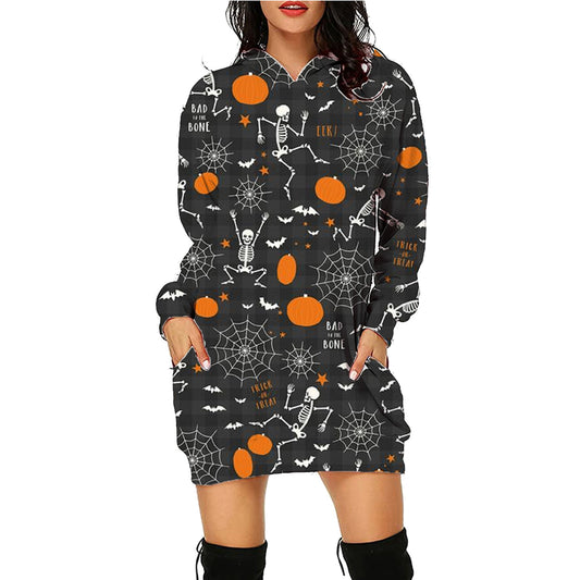 Halloween Dancing Skeleton Print Long Hoodie Sweater With Pockets