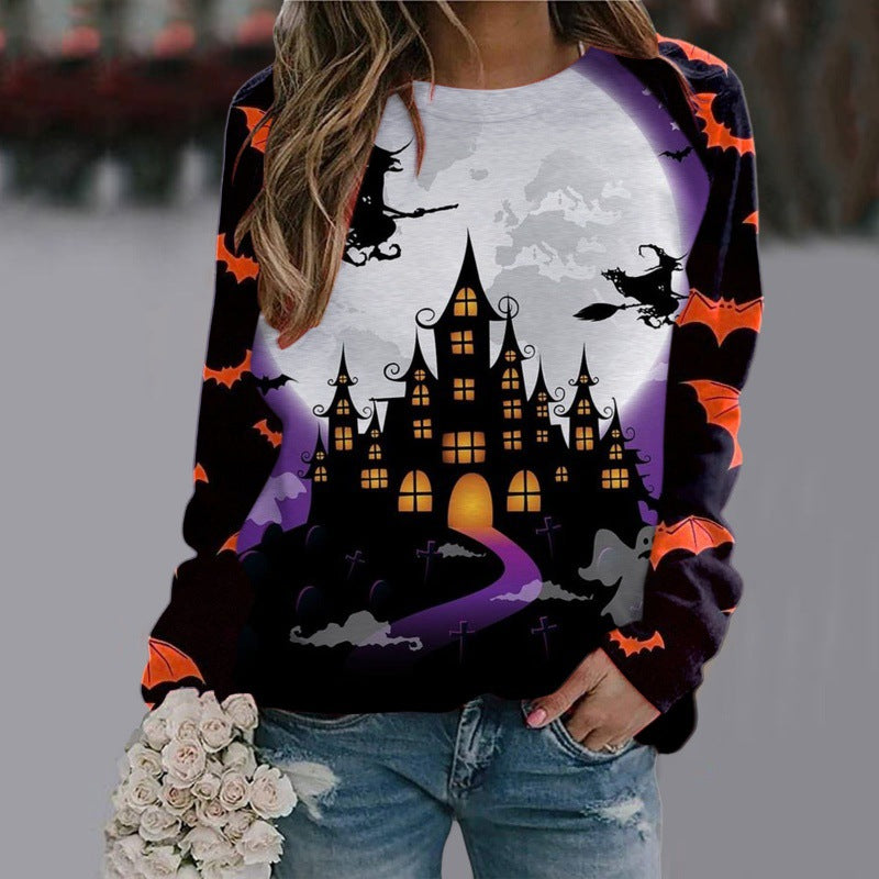 Womens Halloween Witch Print Sweatshirt Long Sleeve Pullover