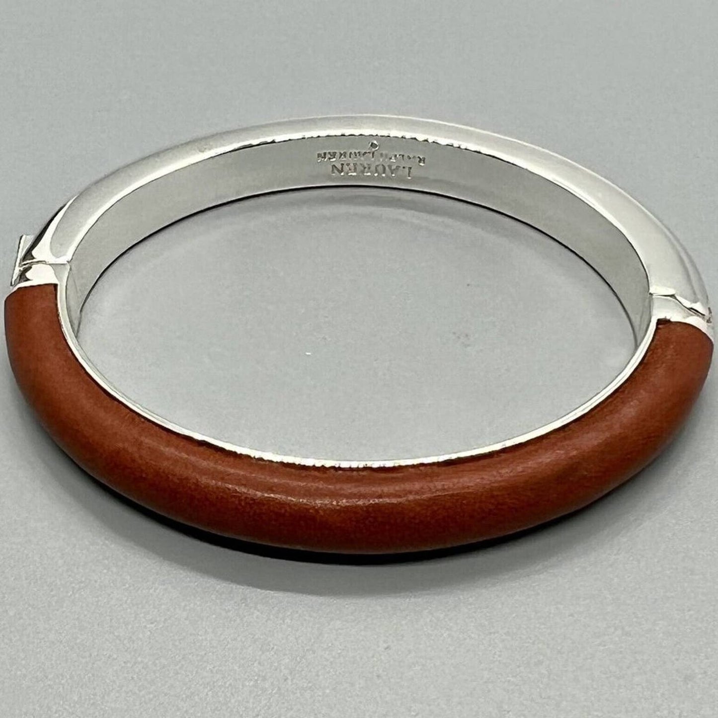 LAUREN RALPH LAUREN Silver-Tone Brown Leather Tubular Bangle Bracelet