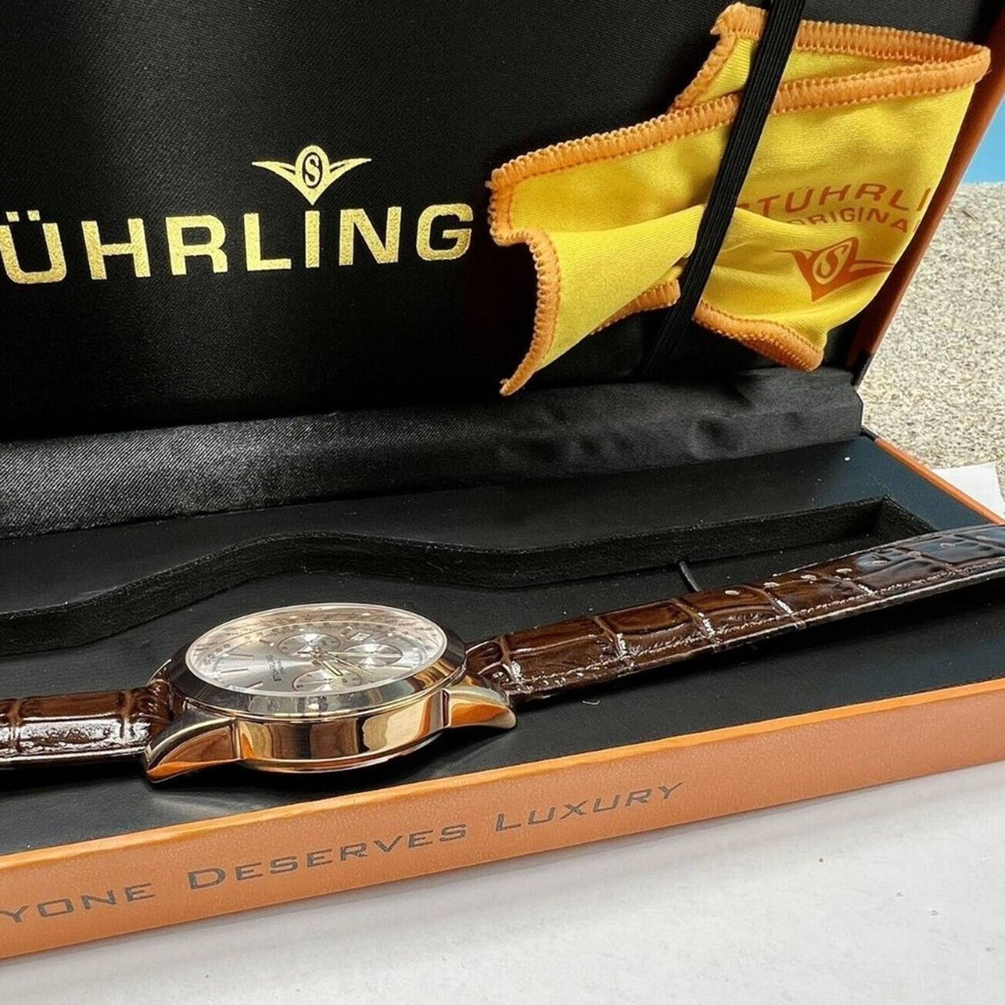 Stuhrling Men's Quartz Chronograph Date Brown Alligator Embossed Genuine Leather