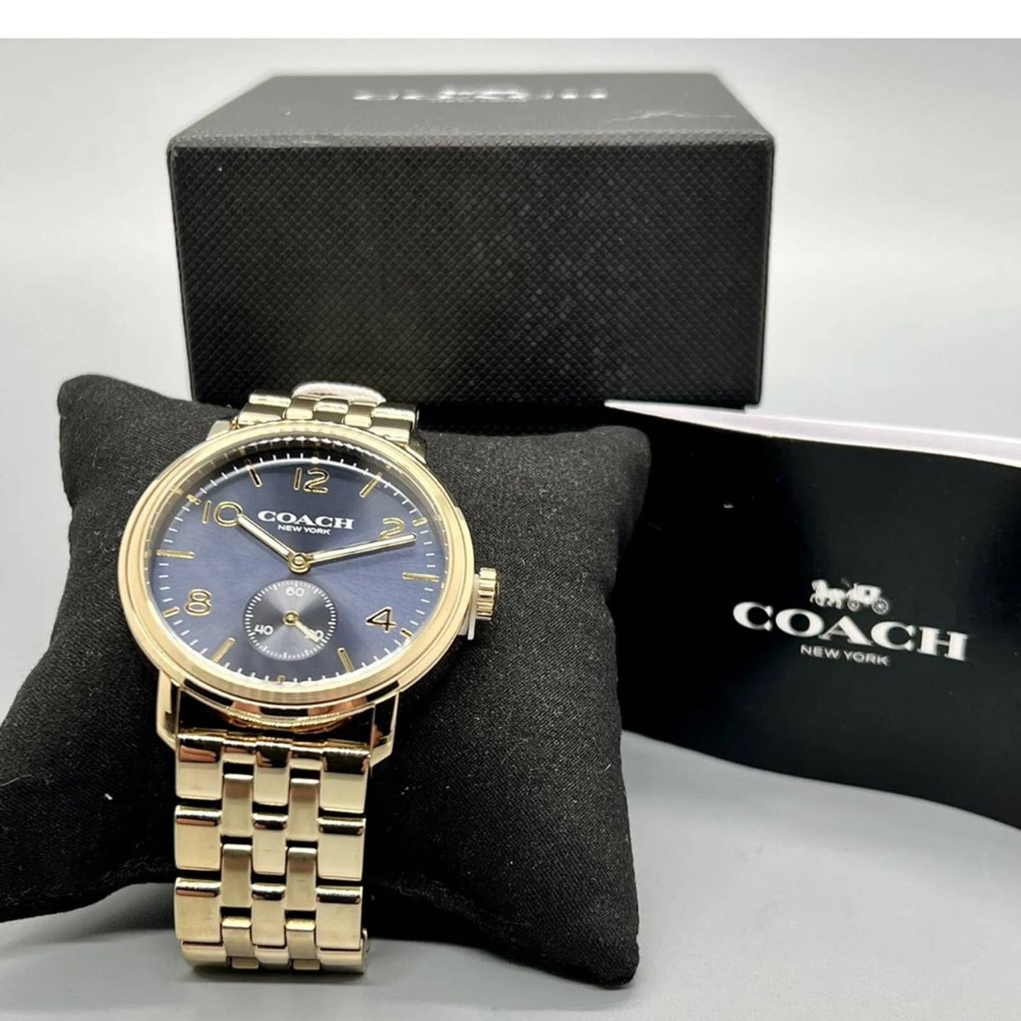 Coach Harrison Watch With 42mm Navy Blue Chronograph Face, Gold Tone Bracelet