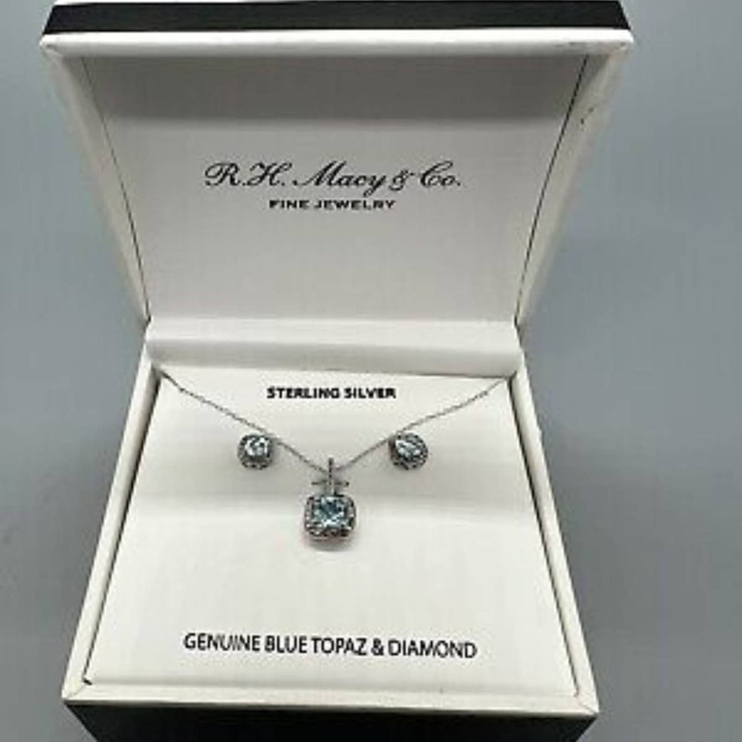 Genuine Blue Topaz and Diamond Earrings and Necklace Pendant Set Sterling Silver