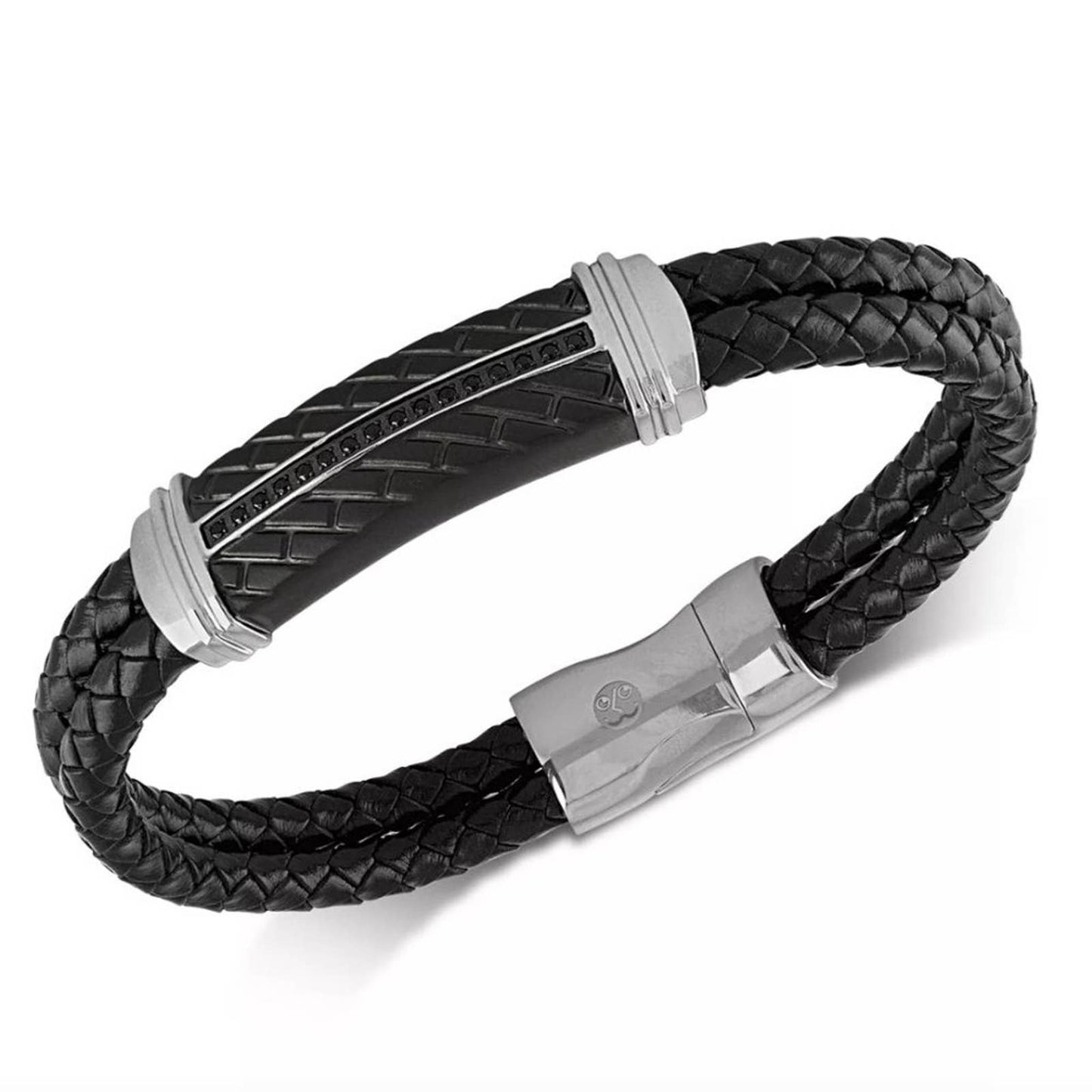 ESQUIRE MEN'S JEWELRY Diamond & Leather Bracelet in Stainless Steel & Black Ion