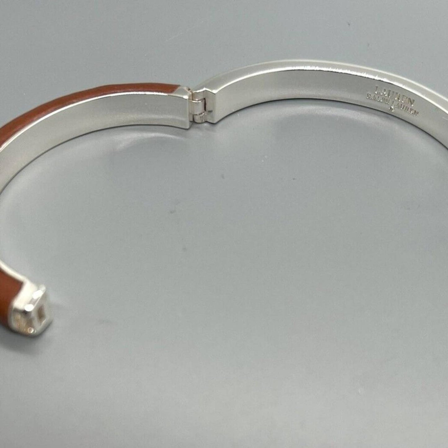 LAUREN RALPH LAUREN Silver-Tone Brown Leather Tubular Bangle Bracelet