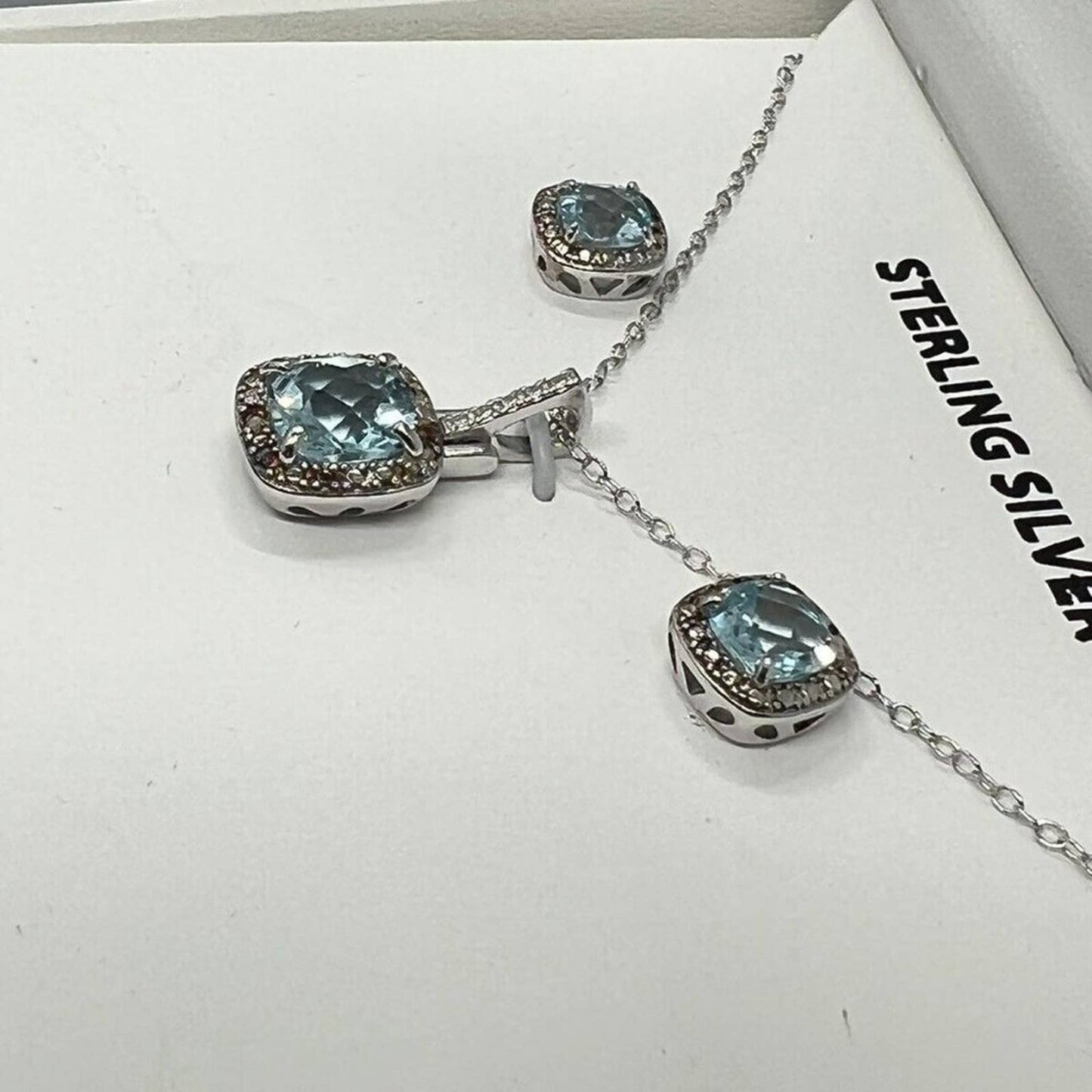 Genuine Blue Topaz and Diamond Earrings and Necklace Pendant Set Sterling Silver