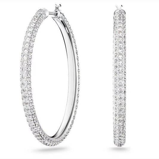 Swarovski Stone hoop earrings Pavé, Large, White, Rhodium plated 5389432