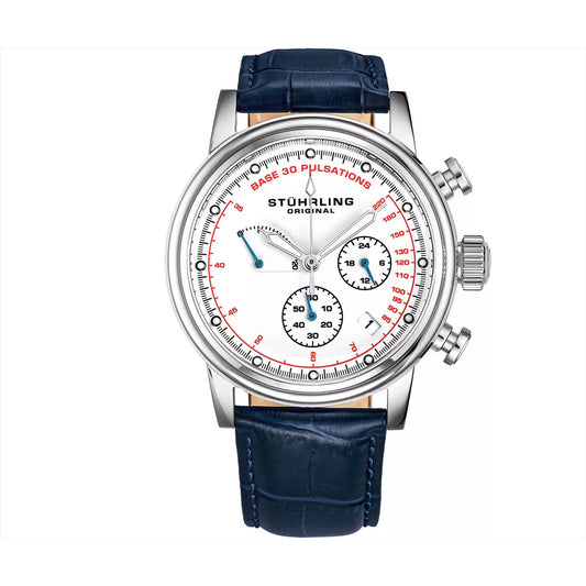 Stuhrling 895 04 ChronoPulse Chronograph Pulsometer Date Blue Leather Mens Watch