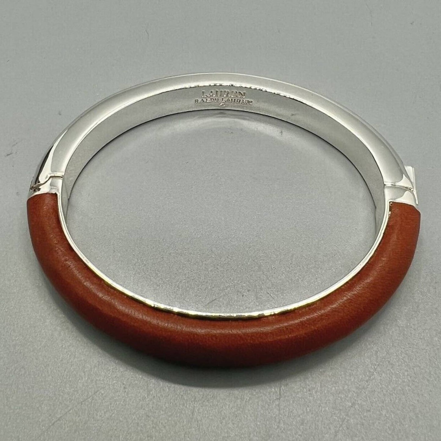 LAUREN RALPH LAUREN Silver-Tone Brown Leather Tubular Bangle Bracelet