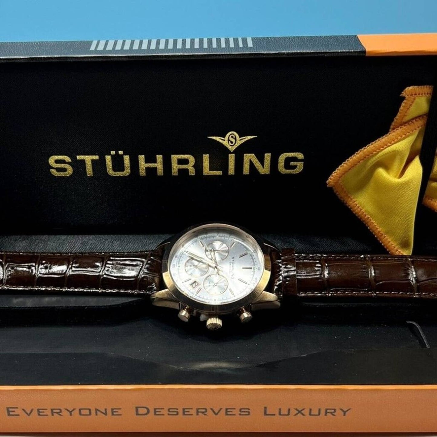 Stuhrling Men's Quartz Chronograph Date Brown Alligator Embossed Genuine Leather