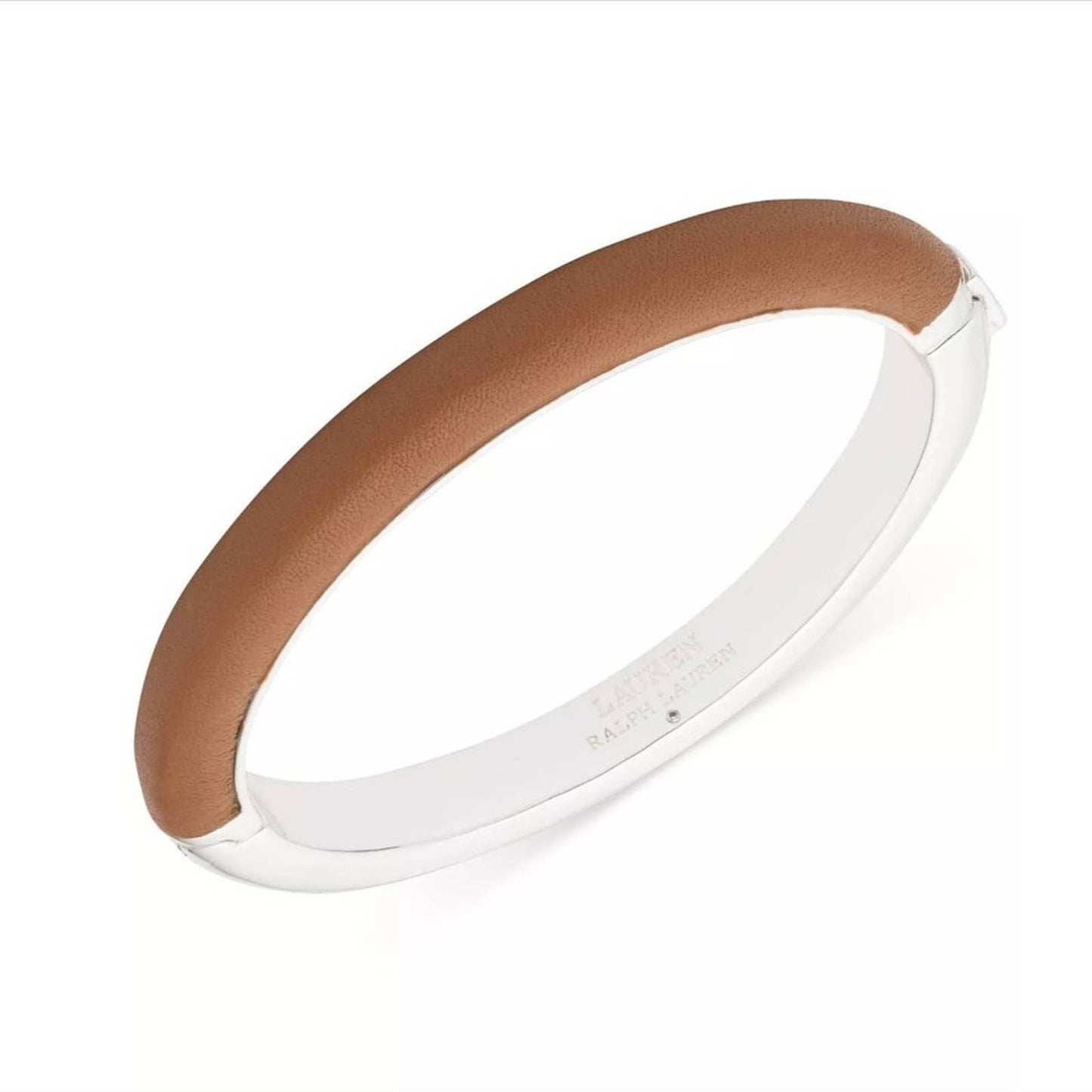 LAUREN RALPH LAUREN Silver-Tone Brown Leather Tubular Bangle Bracelet