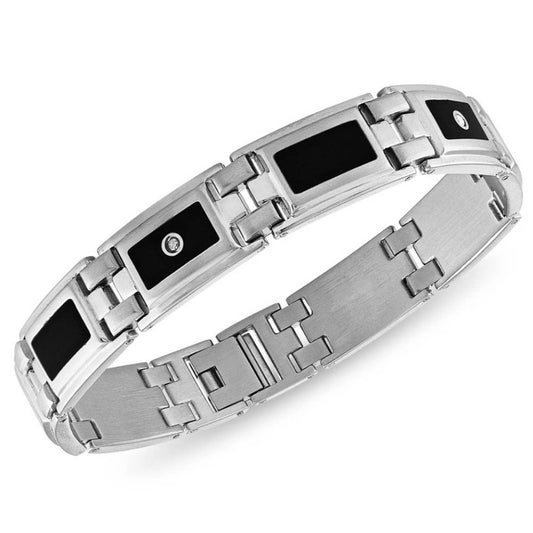 Men's Diamond (1/8 ct. t.w.) & Black Enamel Bracelet in Stainless Steel