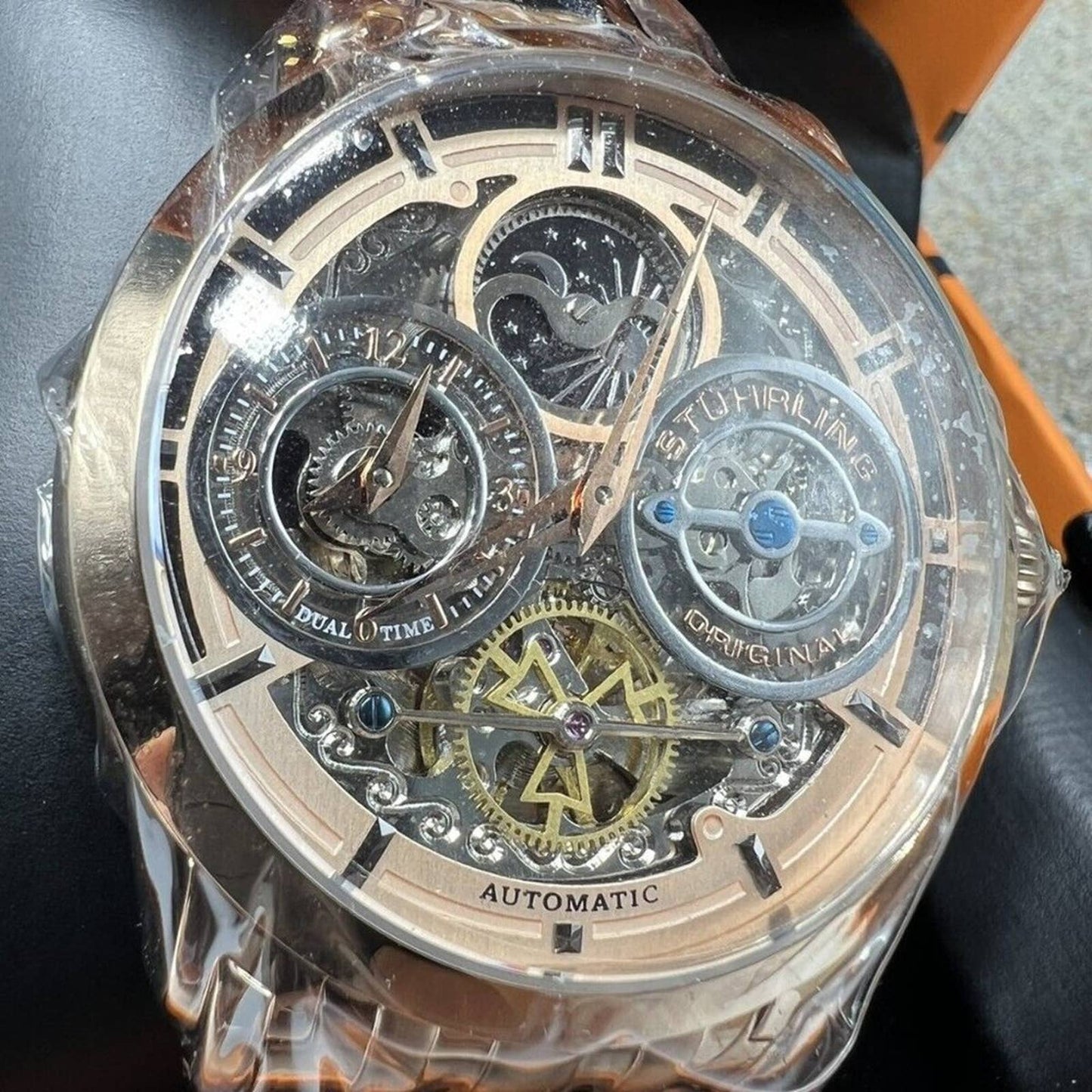 Stuhrling 371B 03 Luciano Automatic Skeleton Dual Time AM/PM Bracelet Mens Watch