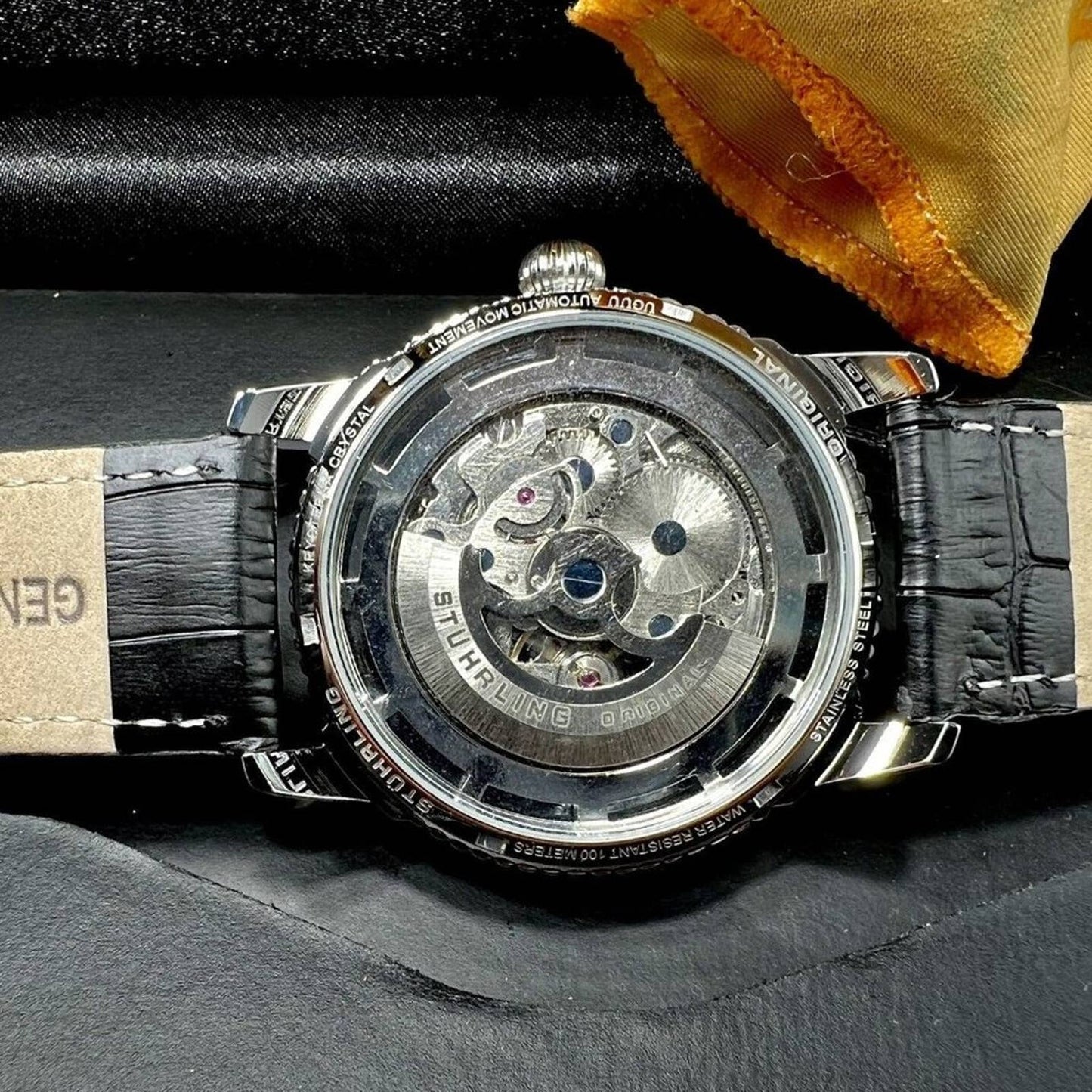 Stuhrling 3933 1 Winchester Automatic Skeleton Black Leather Strap Mens Watch