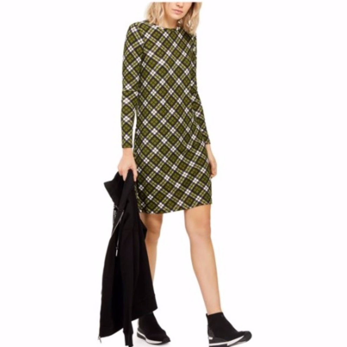 MICHAEL KORS Green Plaid Long Sleeve Shift Dress