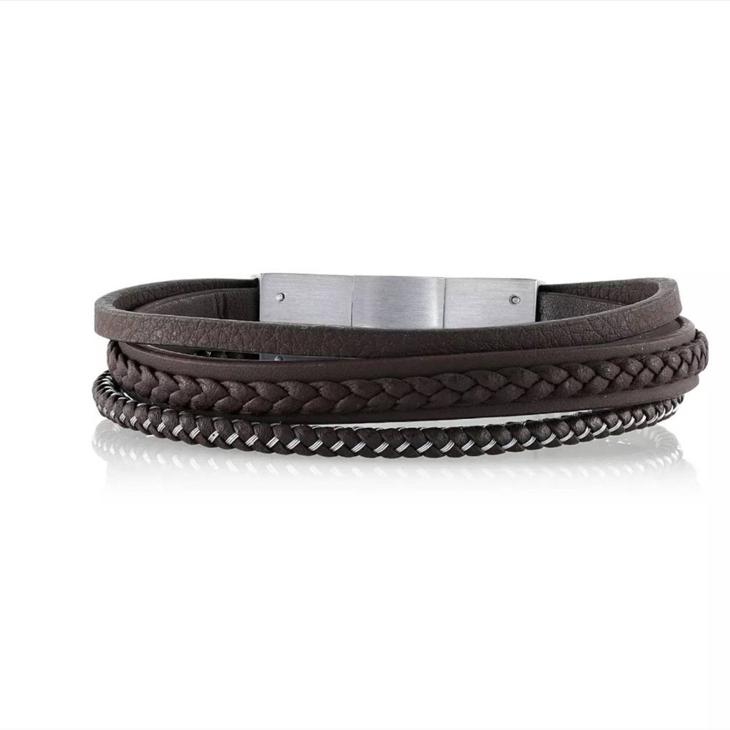 HE ROCKS Brown Leather and Stainless Steel Triple Wrap Bracelet