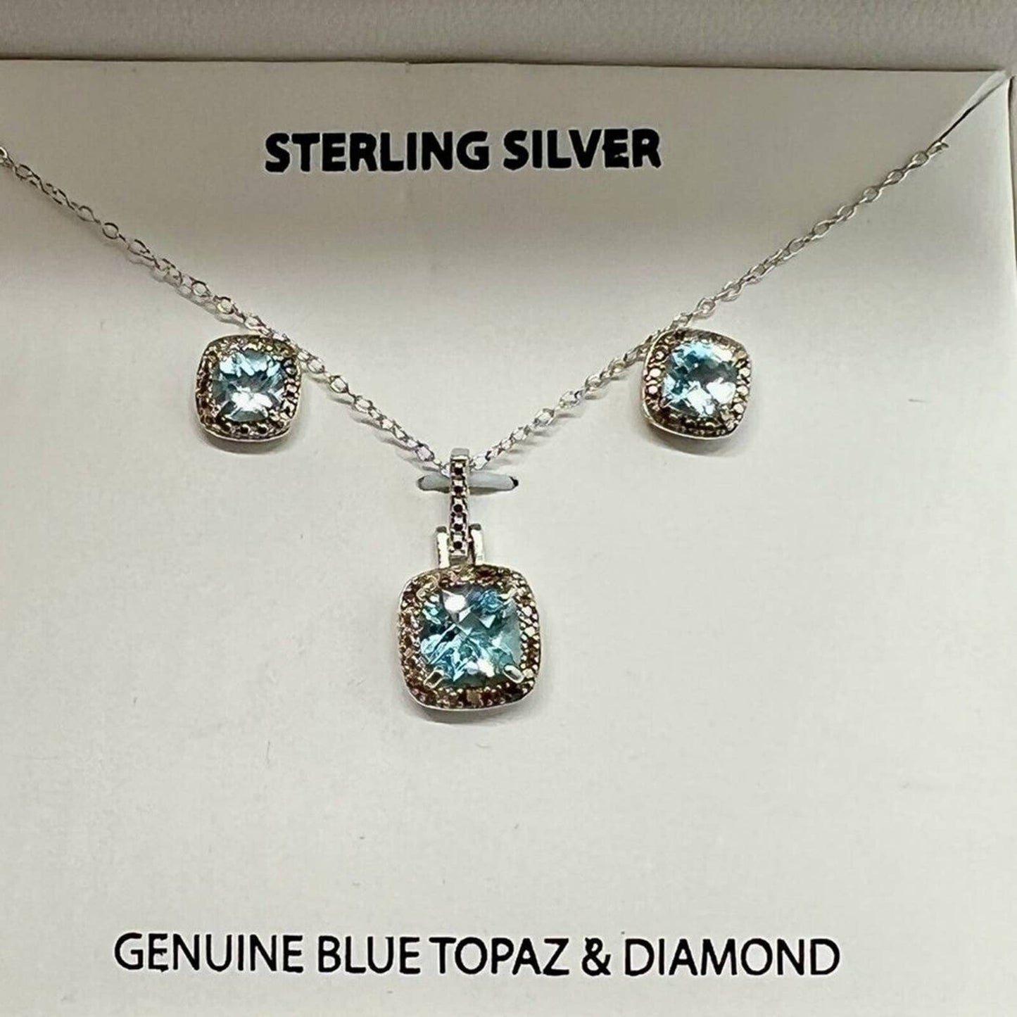 Genuine Blue Topaz and Diamond Earrings and Necklace Pendant Set Sterling Silver