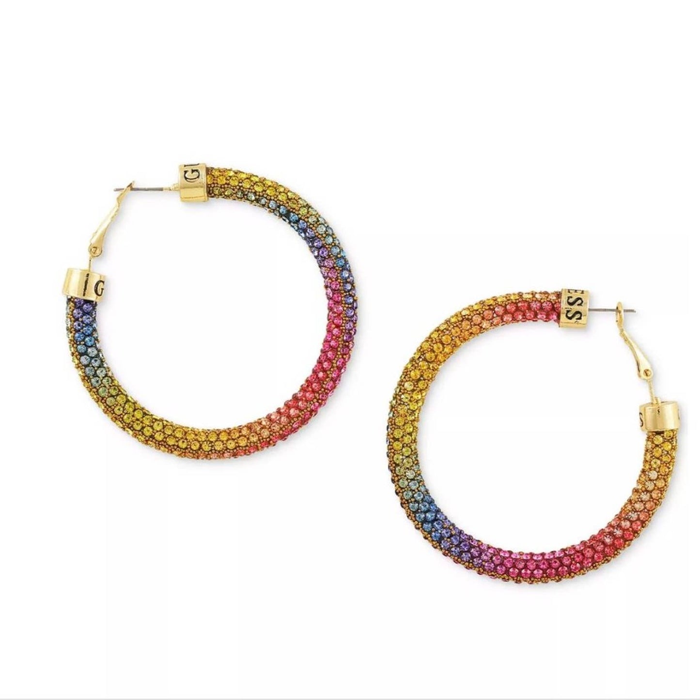 GUESS Gold-Tone Pavé Crystal Ombré Rainbow Sparkle Hoop Earrings, 2"