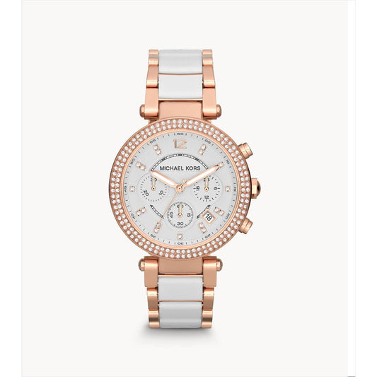 MICHAEL KORS Womens Parker Chronograph Watch, Rose Gold White Acrylic, Crystals