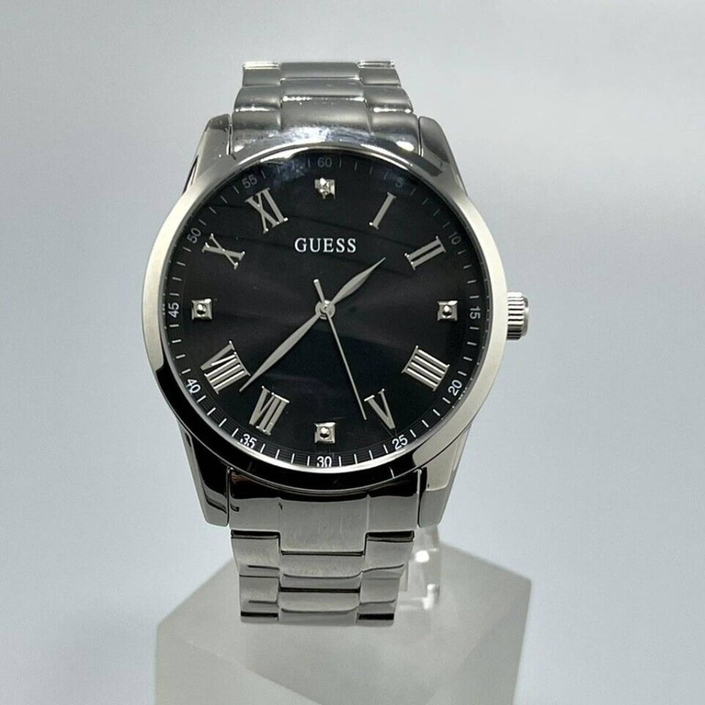 Guess Mens Silver Black Diamond Dial Watch U1194G1