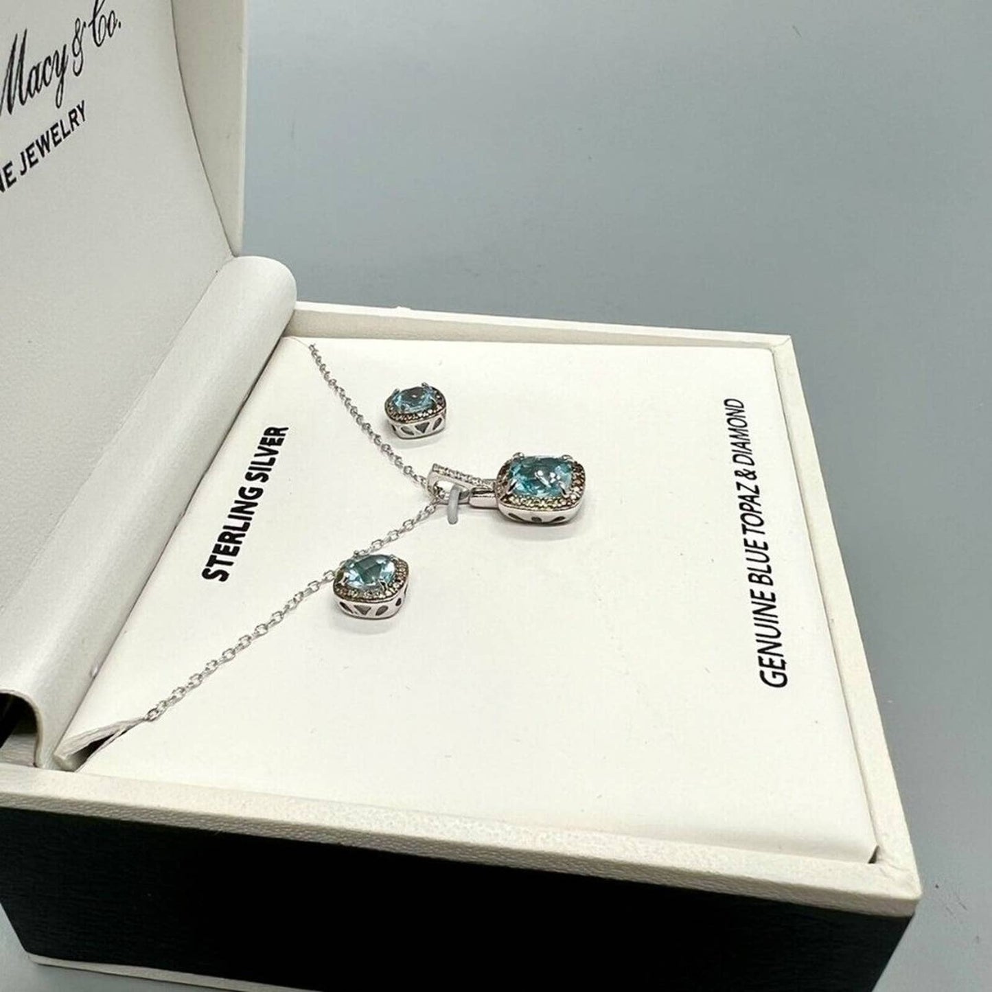 Genuine Blue Topaz and Diamond Earrings and Necklace Pendant Set Sterling Silver