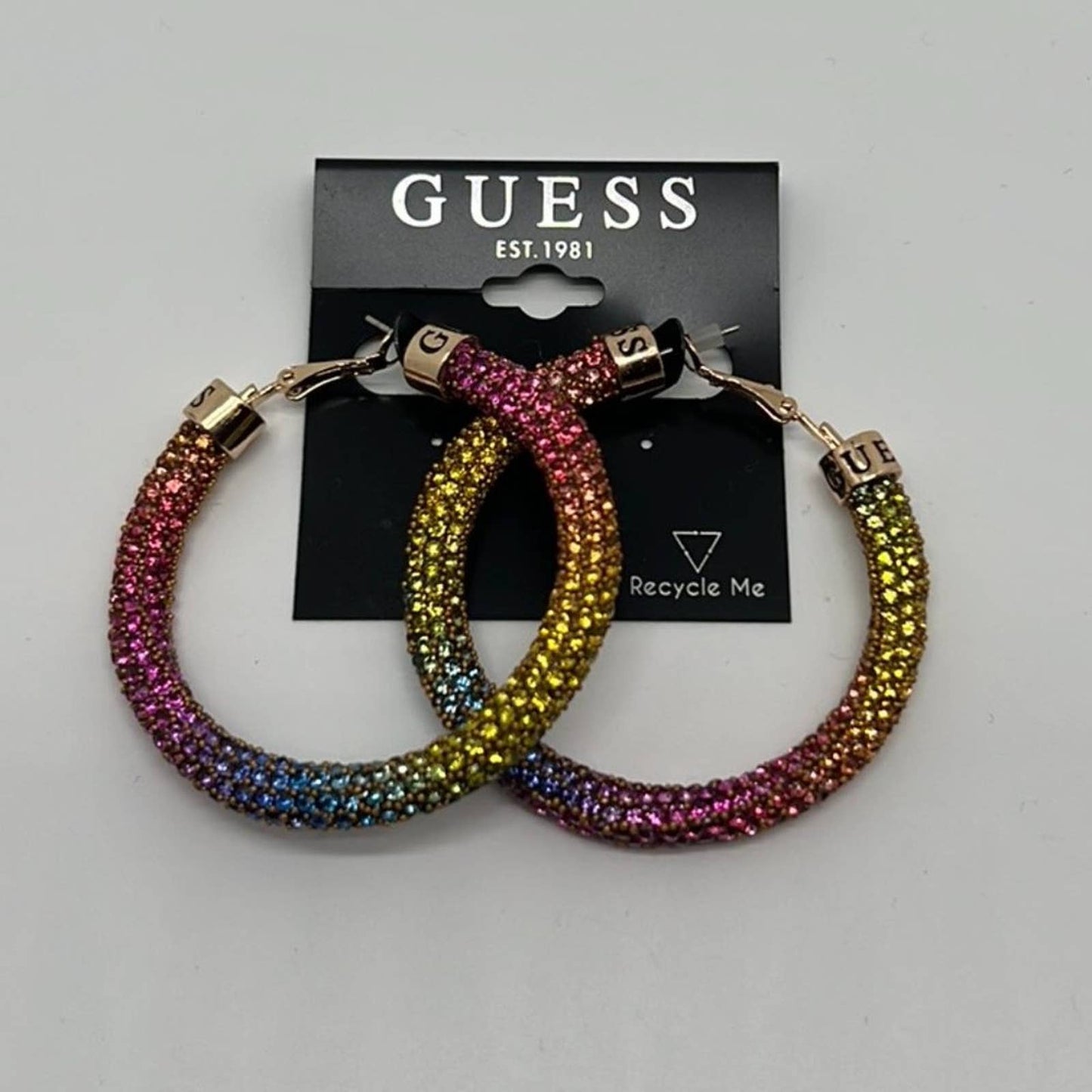 GUESS Gold-Tone Pavé Crystal Ombré Rainbow Sparkle Hoop Earrings, 2"