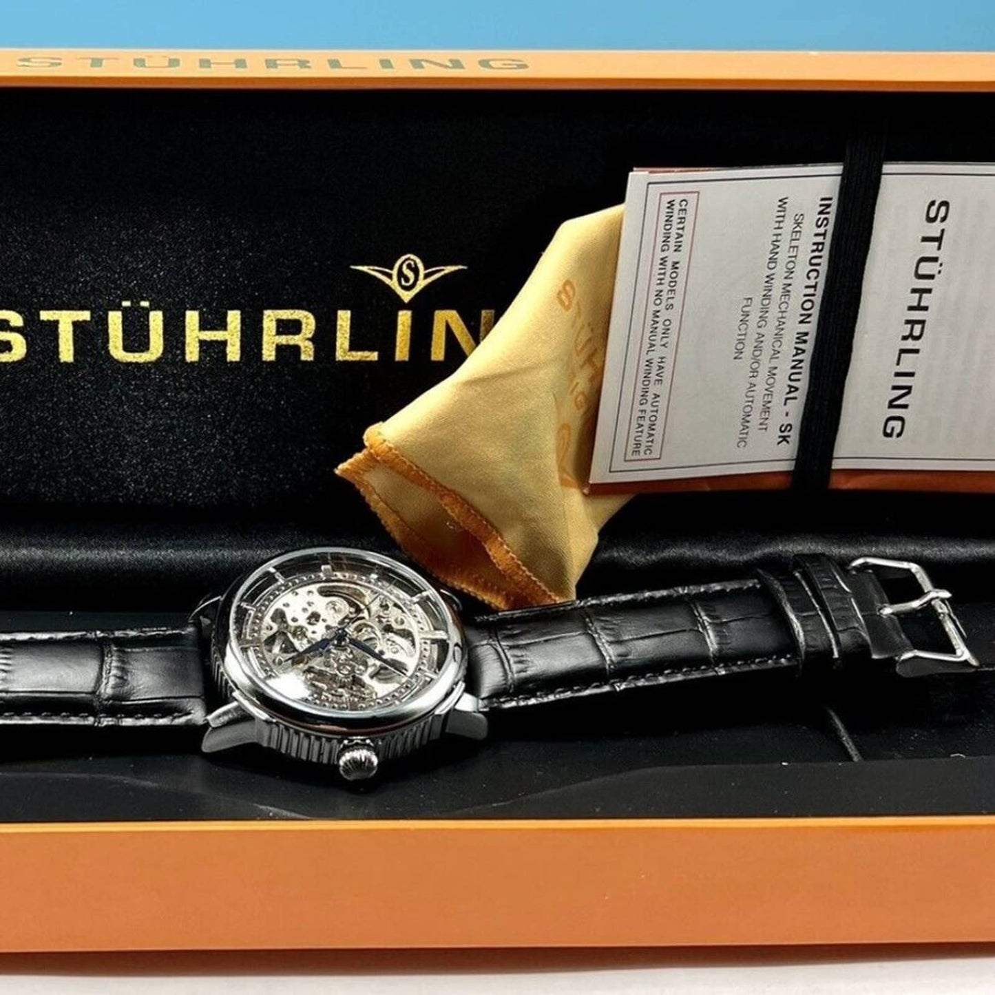 Stuhrling 3933 1 Winchester Automatic Skeleton Black Leather Strap Mens Watch