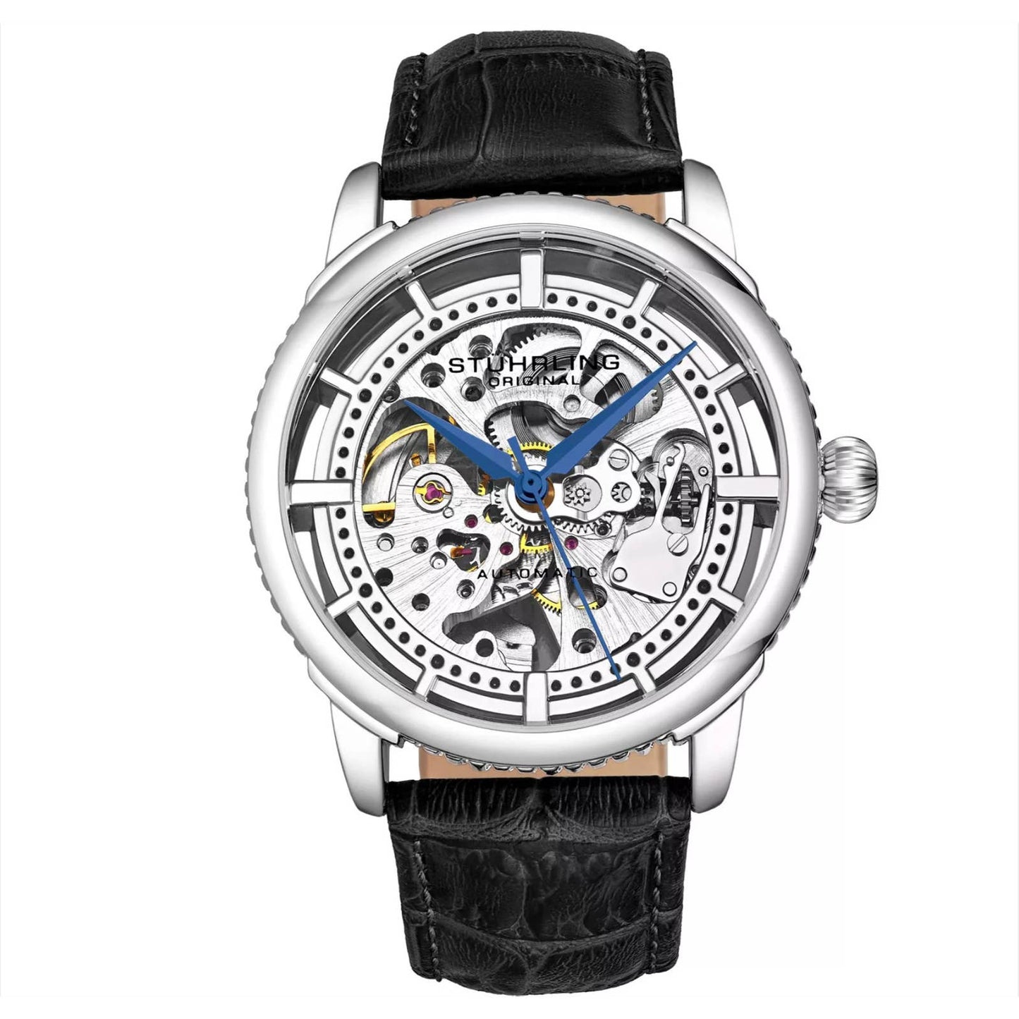 Stuhrling 3933 1 Winchester Automatic Skeleton Black Leather Strap Mens Watch