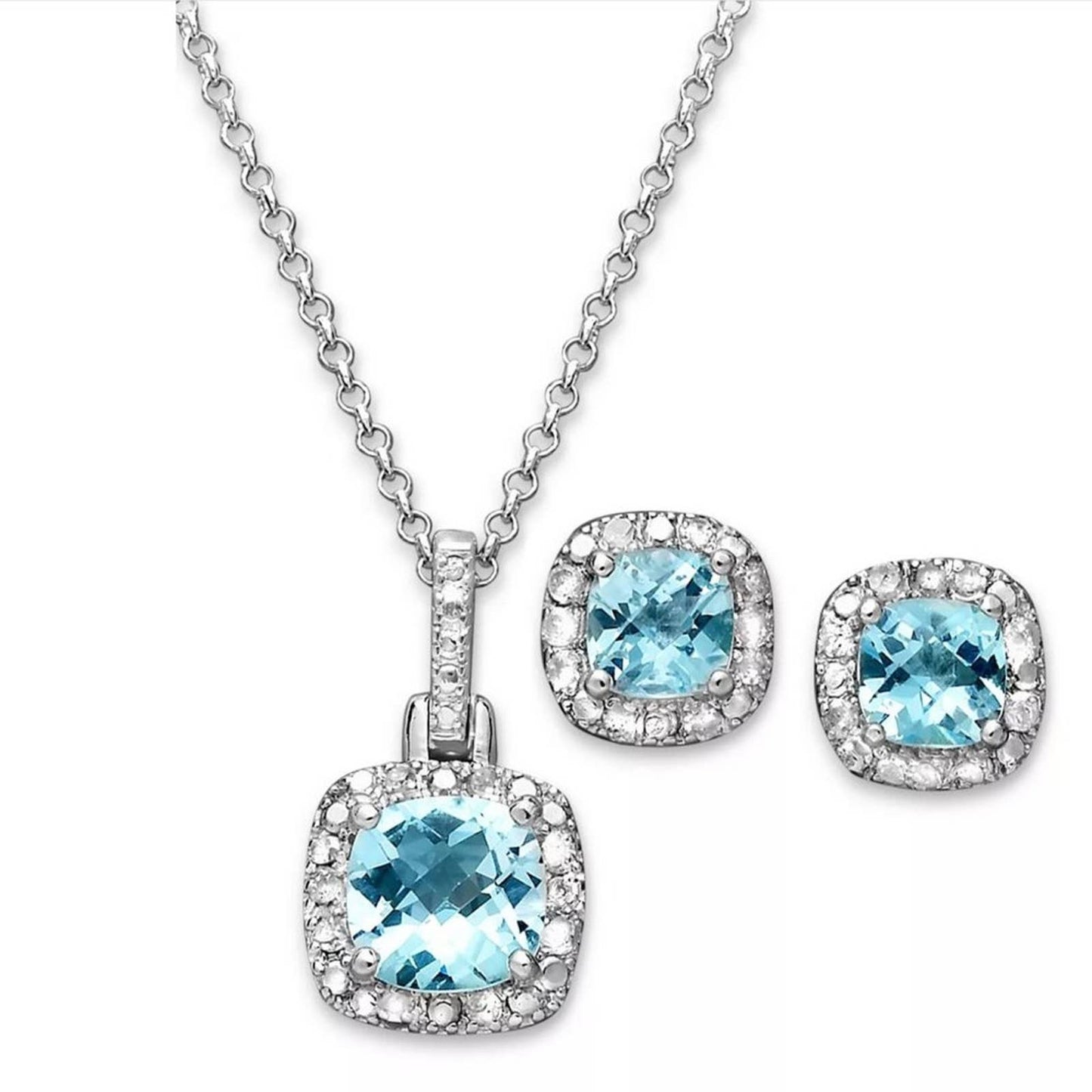 Genuine Blue Topaz and Diamond Earrings and Necklace Pendant Set Sterling Silver