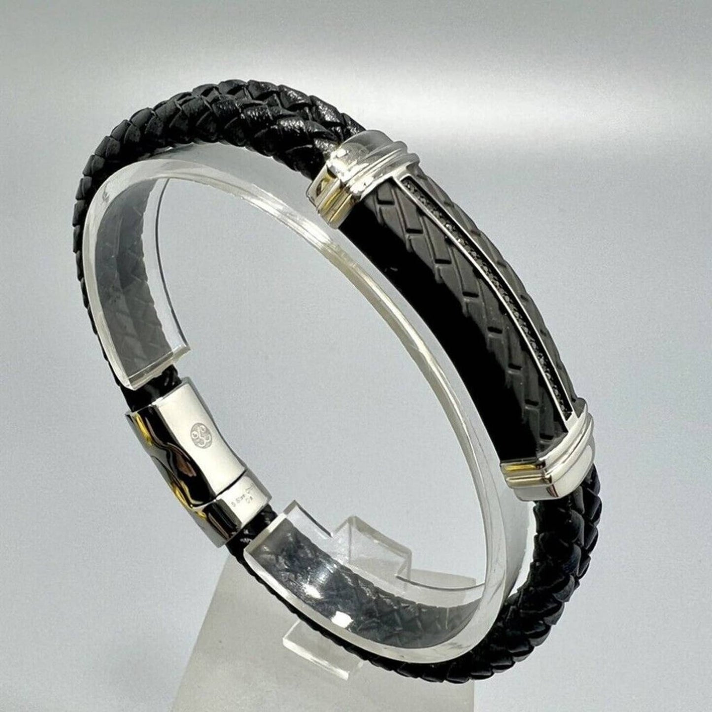 ESQUIRE MEN'S JEWELRY Diamond & Leather Bracelet in Stainless Steel & Black Ion