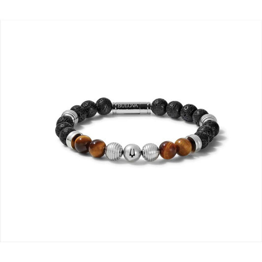 Bulova Men s Tigers Eye (8mm) & Black Lava Bead Bracelet in Stainless Steel