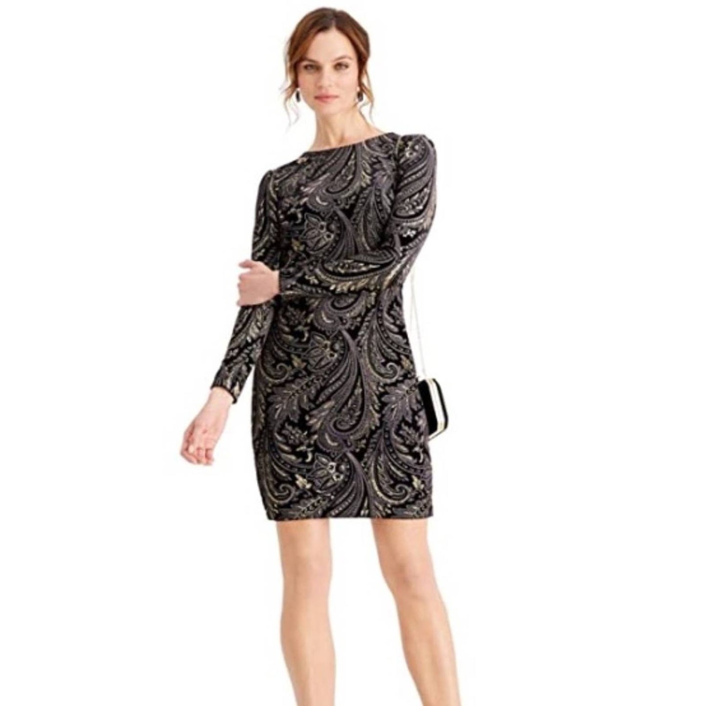 NWT MSK Classic Black Silver Gold Long Sleeve Dress