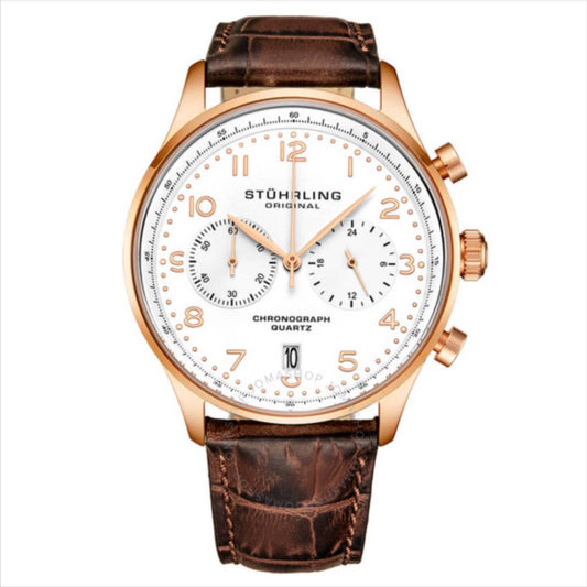 Stuhrling Men's Quartz Chronograph Date Brown Alligator Embossed Genuine Leather