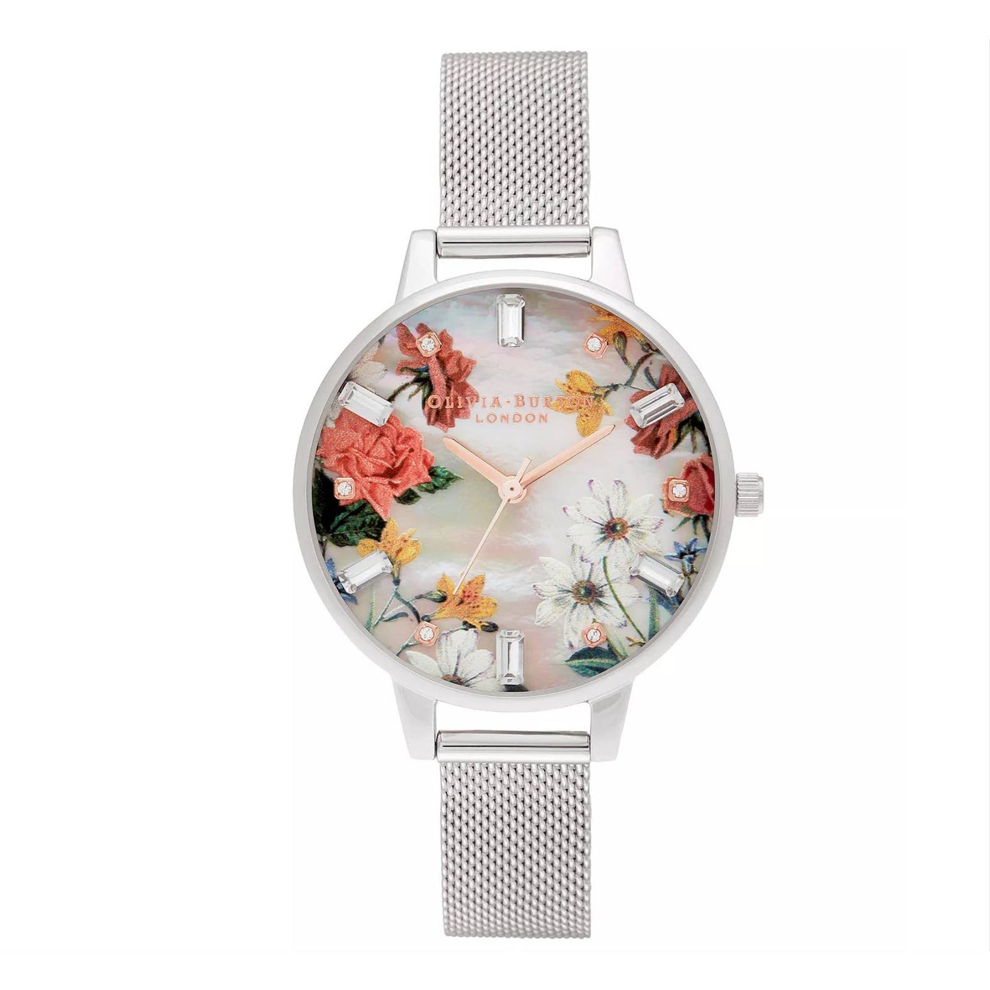 Olivia Burton Women's Sparkle Floral Stainless Steel Mesh Bracelet Watch 34mm