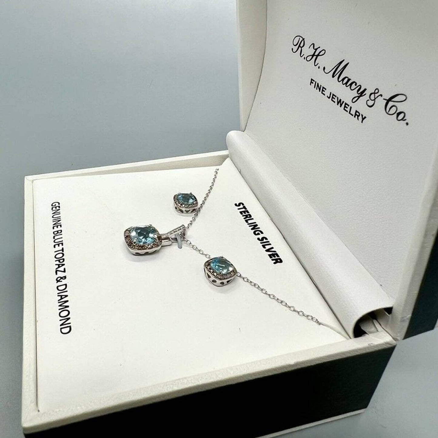 Genuine Blue Topaz and Diamond Earrings and Necklace Pendant Set Sterling Silver