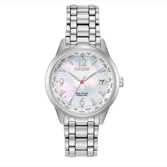 Citizen Eco-Drive Ladies World Time Calendar Silver Tone 36mm Watch FC8000-55D