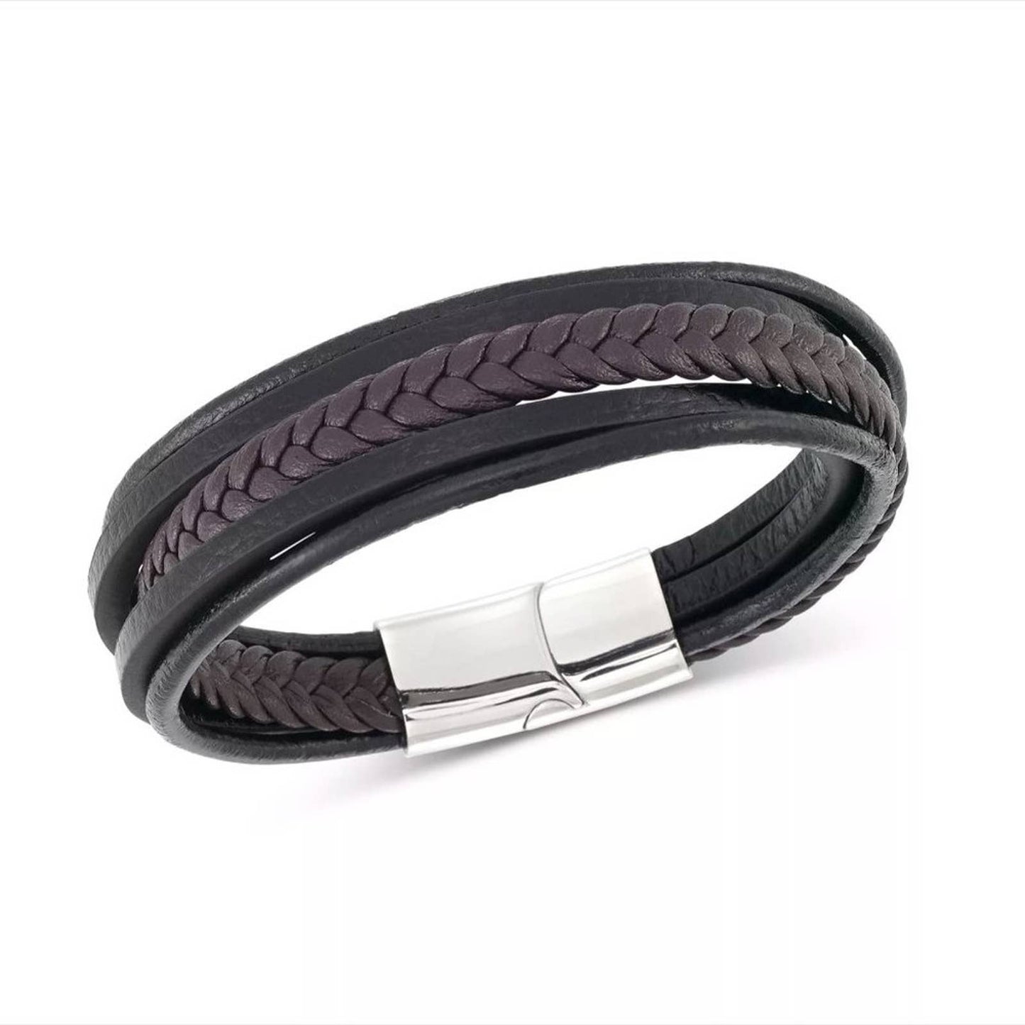 SIMONE I. SMITH Men's Black & Brown Multi-Row Leather Bracelet in Stainless Stee