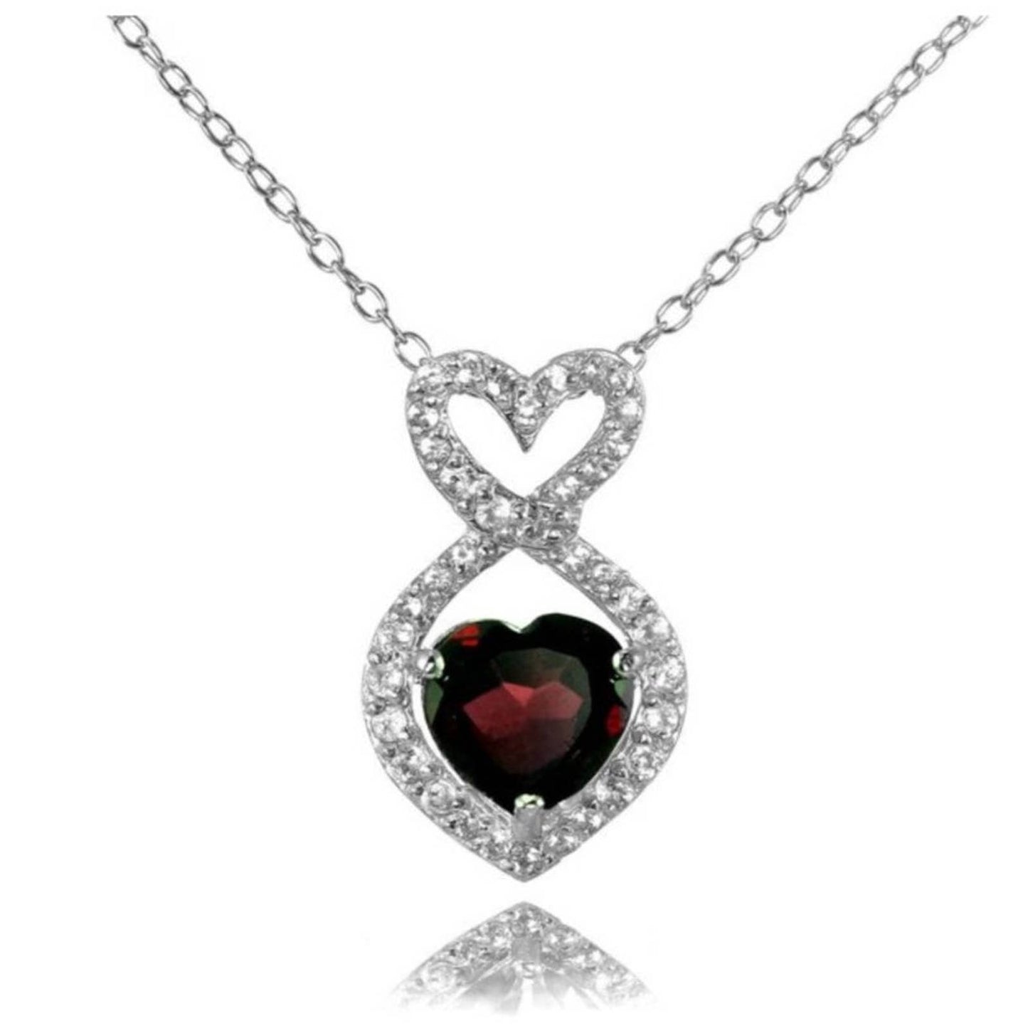 Garnet & White Topaz Heart 18" Pendant Necklace In Sterling Silver